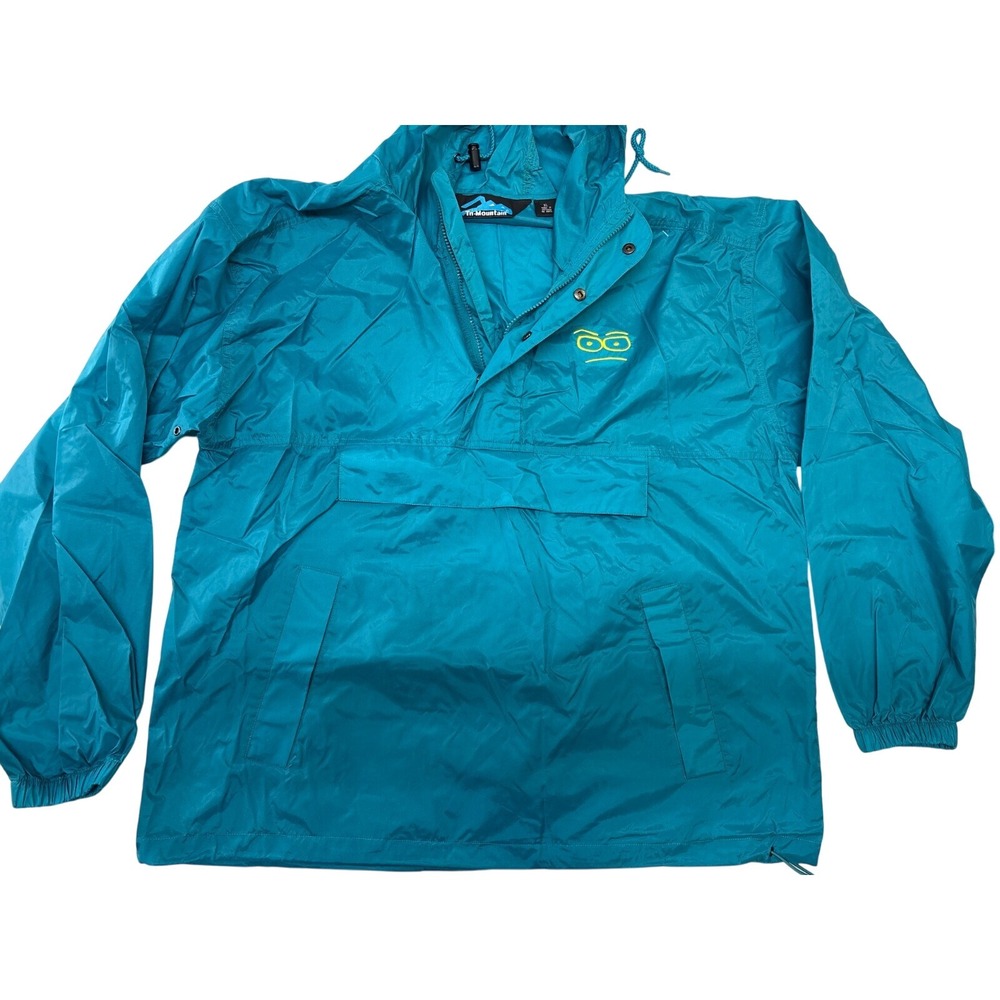 Tri-Mountain Mens XL Teal Blue Anorak Windbreaker Half Zip Hooded Jacket Graphic